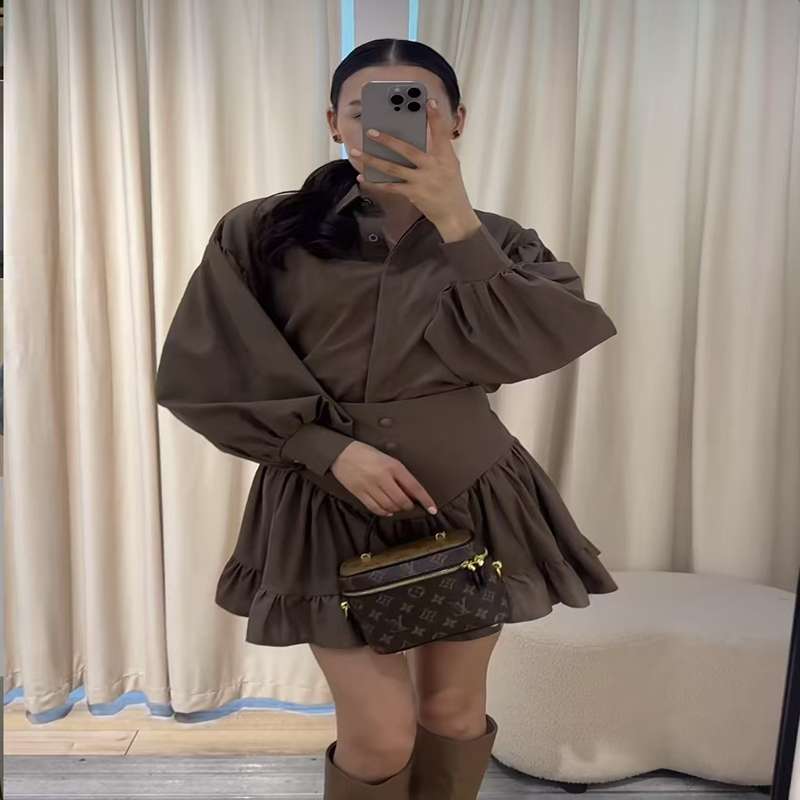 Elegant Lantern Sleeve Blouse & Ruffled Skirt Set