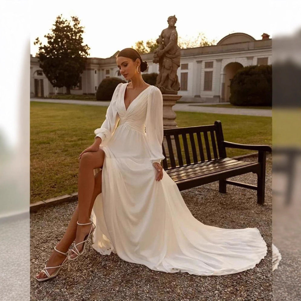 Elegant Deep V-Neck Bridal Gown with Long Chiffon Sleeves