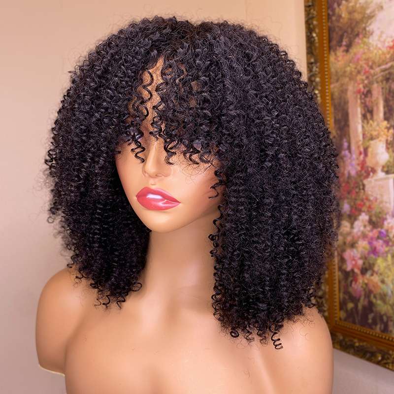Natural Kinky Curly Human Hair Wig with Bangs - Premium Quality