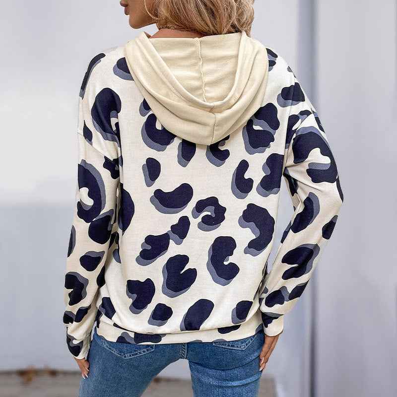 Simple Style Loose Leopard Print Stitching Fake Two-piece Hollow Hooded Sweater For Women - For Sale