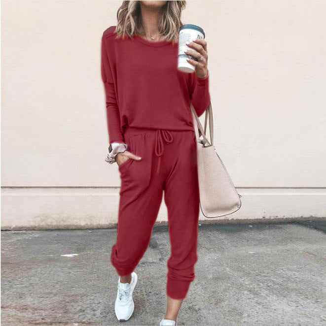 Women's Long Sleeve Suit Fashion Pullover Top And Pockets Drawstring Long Pants Solid Color Casual Sports Trouser Suit Clothing - For Sale
