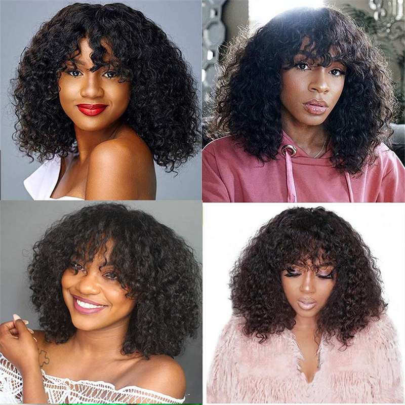 Natural Kinky Curly Human Hair Wig with Bangs - Premium Quality