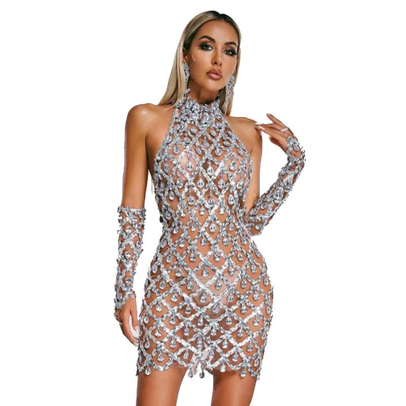 Rhinestone Embellished Plaid Sequin Mini Dress