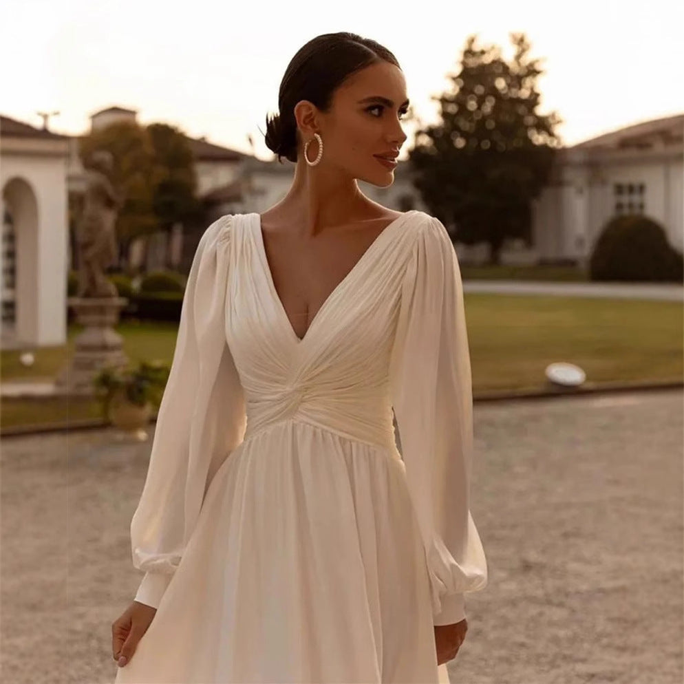 Elegant Deep V-Neck Bridal Gown with Long Chiffon Sleeves