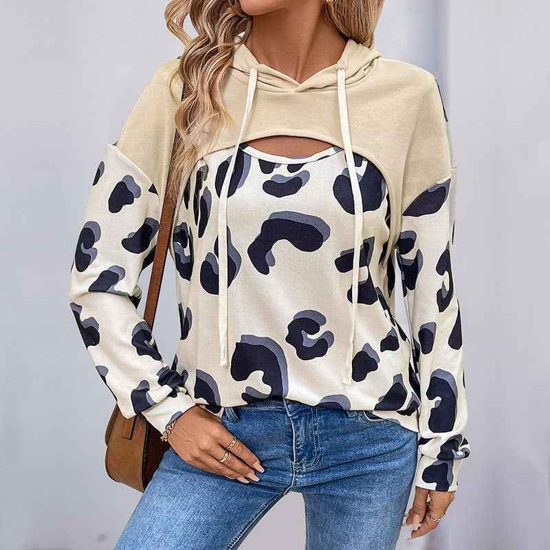 Simple Style Loose Leopard Print Stitching Fake Two-piece Hollow Hooded Sweater For Women - For Sale