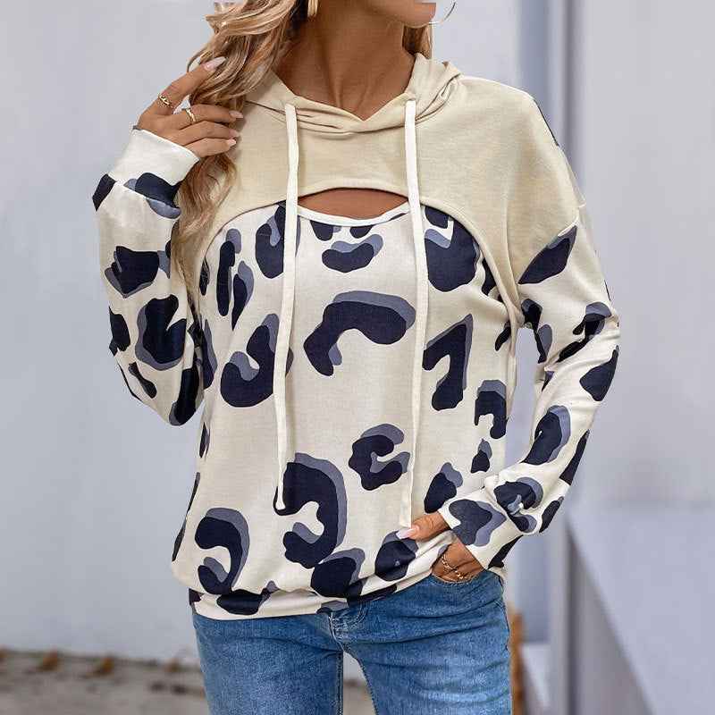Simple Style Loose Leopard Print Stitching Fake Two-piece Hollow Hooded Sweater For Women - For Sale