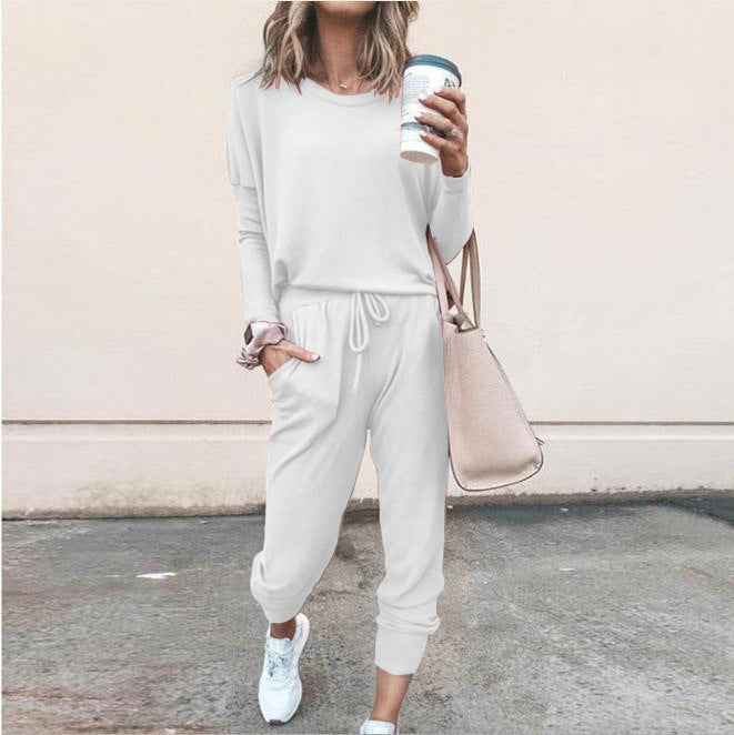 Women's Long Sleeve Suit Fashion Pullover Top And Pockets Drawstring Long Pants Solid Color Casual Sports Trouser Suit Clothing - For Sale