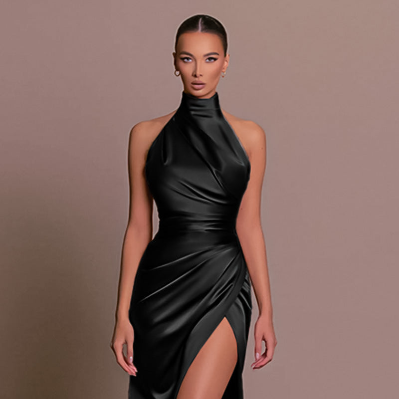 Halter Neck Evening Dress - Elegant Sleeveless Slit Maxi Gown