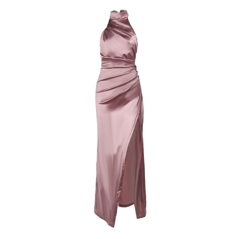 Halter Neck Evening Dress - Elegant Sleeveless Slit Maxi Gown