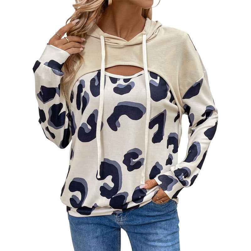 Simple Style Loose Leopard Print Stitching Fake Two-piece Hollow Hooded Sweater For Women - For Sale