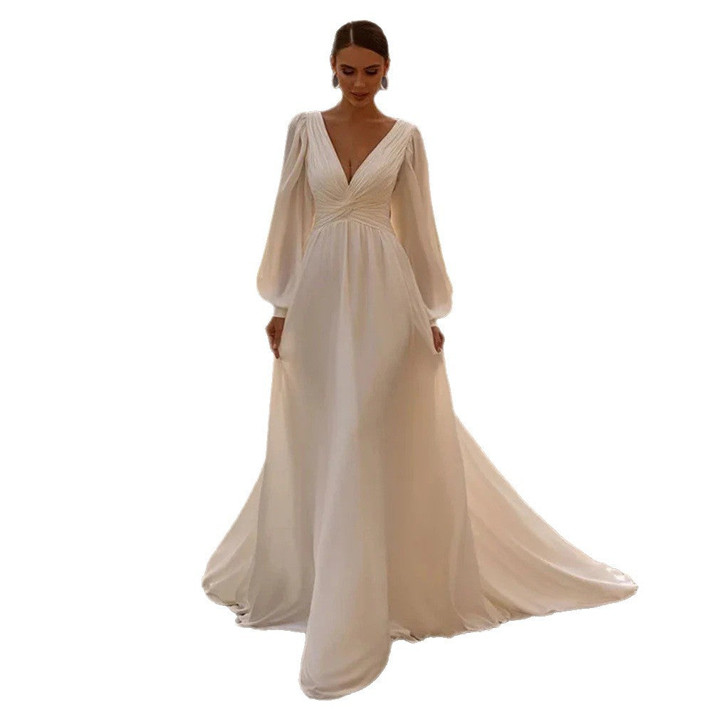 Elegant Deep V-Neck Bridal Gown with Long Chiffon Sleeves