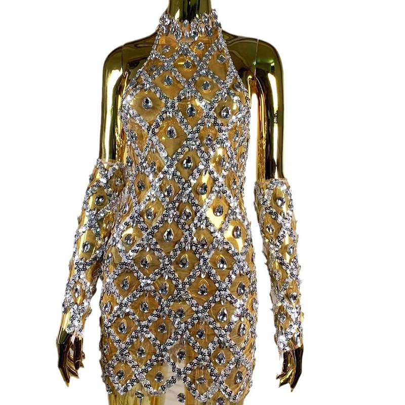 Rhinestone Embellished Plaid Sequin Mini Dress