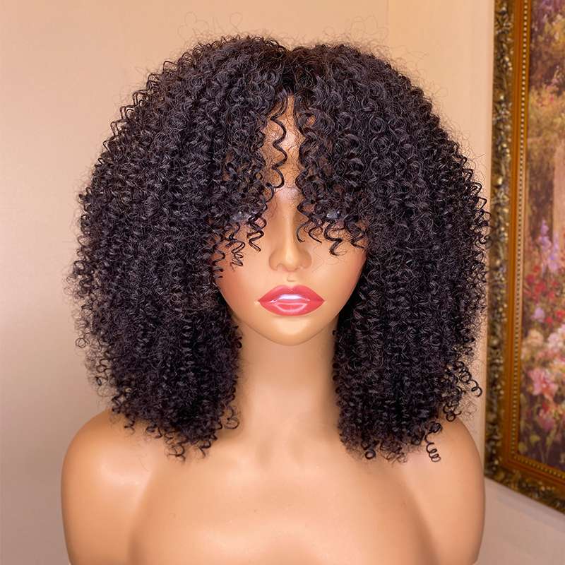 Natural Kinky Curly Human Hair Wig with Bangs - Premium Quality