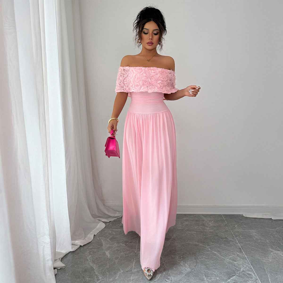 GracefulFlow - Elegant Long Polyester Dress for Women - For Sale