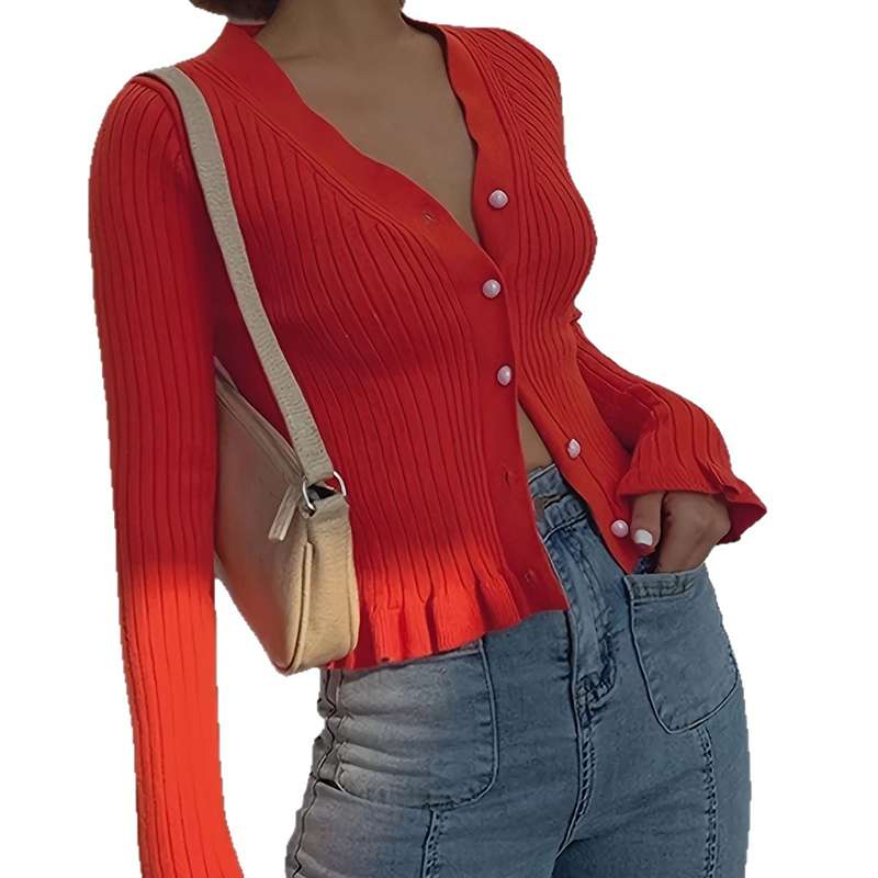 Elegant V-Neck Ruffle Knit Cardigan