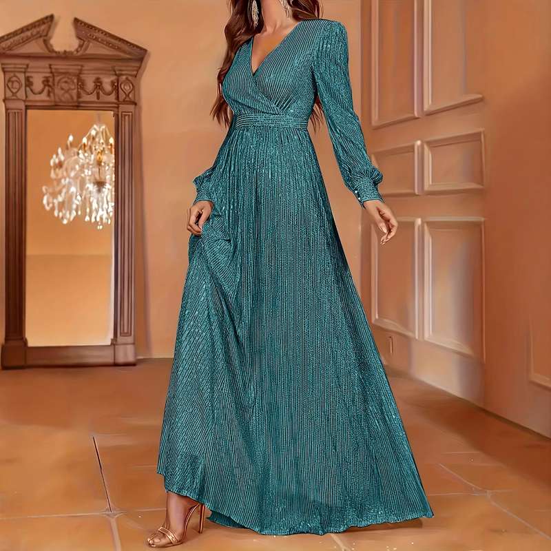 Sequined V-Neck Evening Gown - Long Sleeve Formal Dress