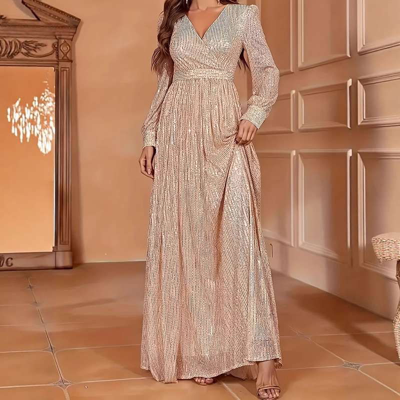 Sequined V-Neck Evening Gown - Long Sleeve Formal Dress