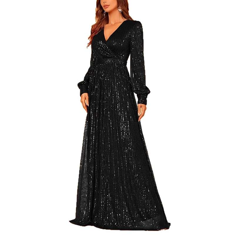 Sequined V-Neck Evening Gown - Long Sleeve Formal Dress