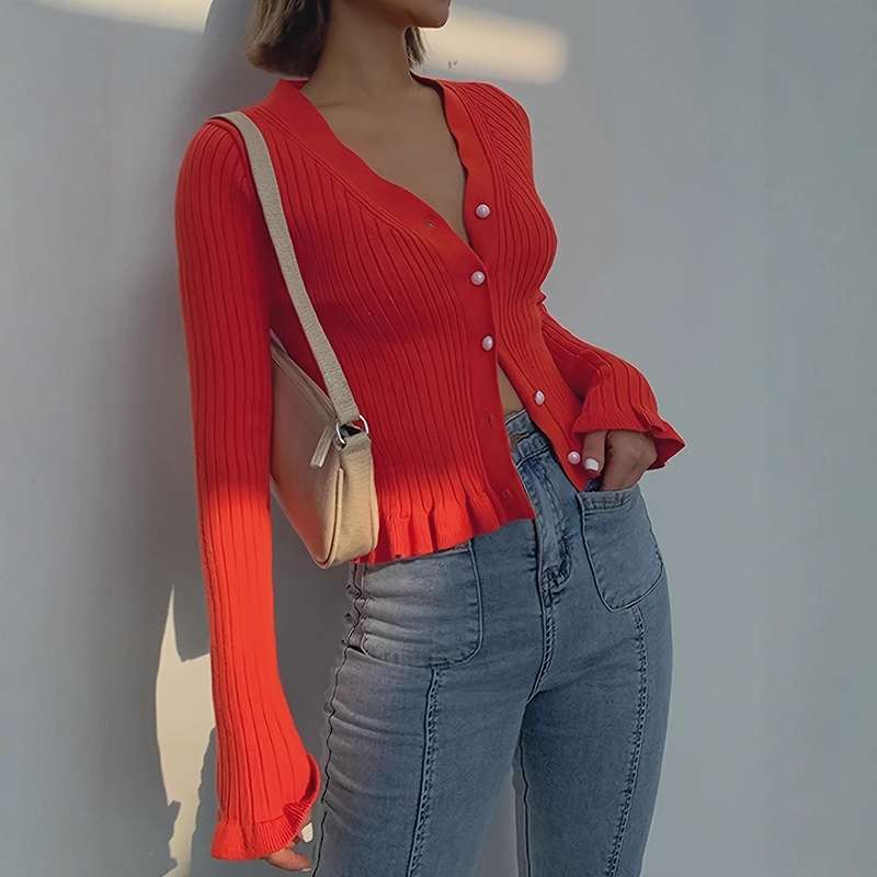 Elegant V-Neck Ruffle Knit Cardigan