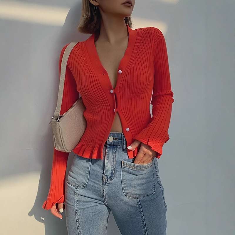 Elegant V-Neck Ruffle Knit Cardigan