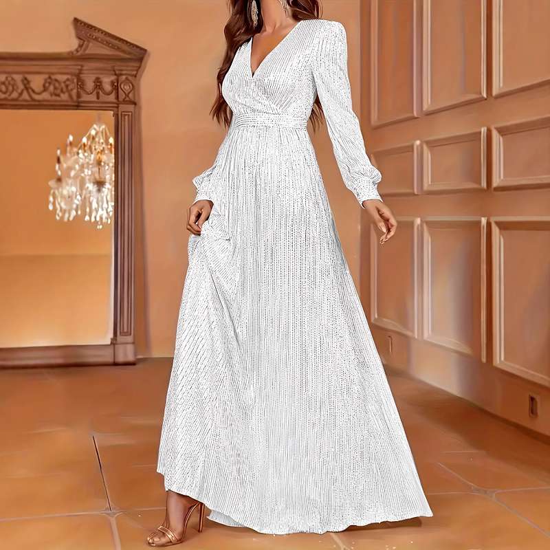 Sequined V-Neck Evening Gown - Long Sleeve Formal Dress