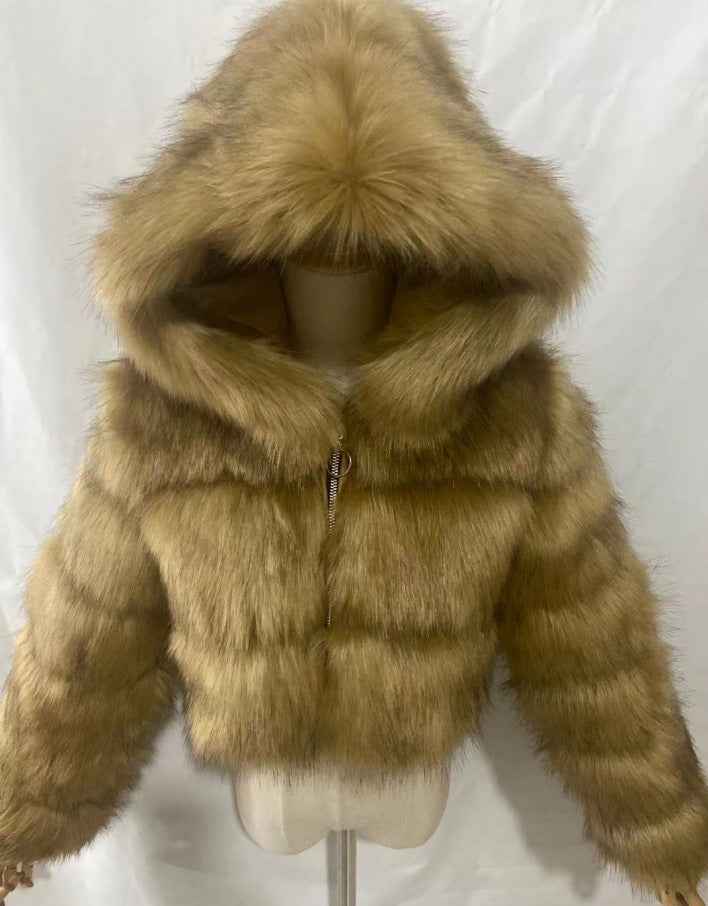 CozyLux - Short Hooded Faux Fur Coat | Luxury Winter Jacket - For Sale