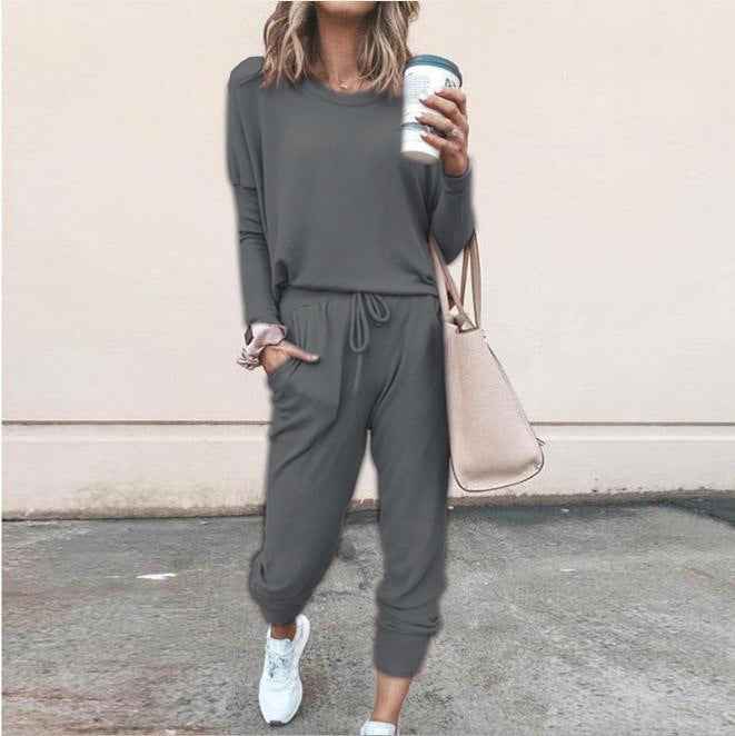 Women's Long Sleeve Suit Fashion Pullover Top And Pockets Drawstring Long Pants Solid Color Casual Sports Trouser Suit Clothing - For Sale