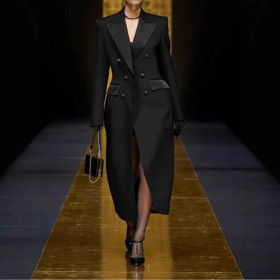 ExecutiveChic - Double Breasted Slim Waist Long Slit Suit Skirt - For Sale