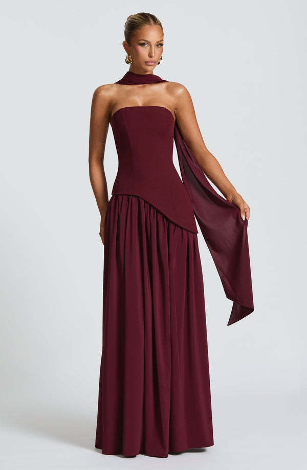 Cherry Lacquer Maliyah Maxi Dress - Elegant Evening Gown with Chiffon Skirt