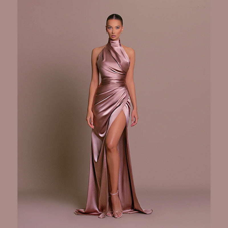 Halter Neck Evening Dress - Elegant Sleeveless Slit Maxi Gown