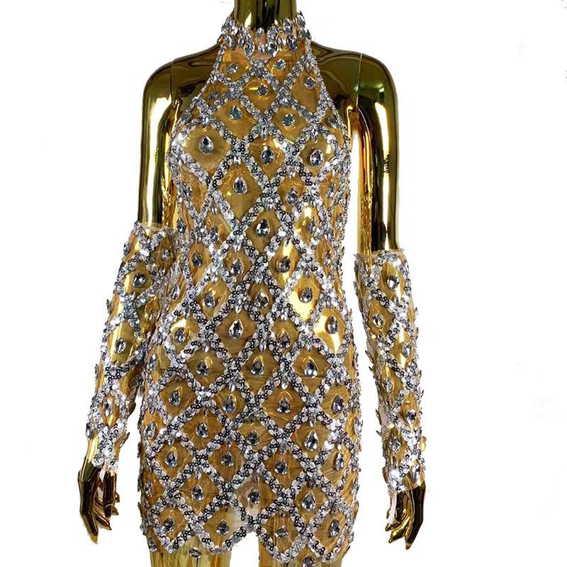 Rhinestone Embellished Plaid Sequin Mini Dress