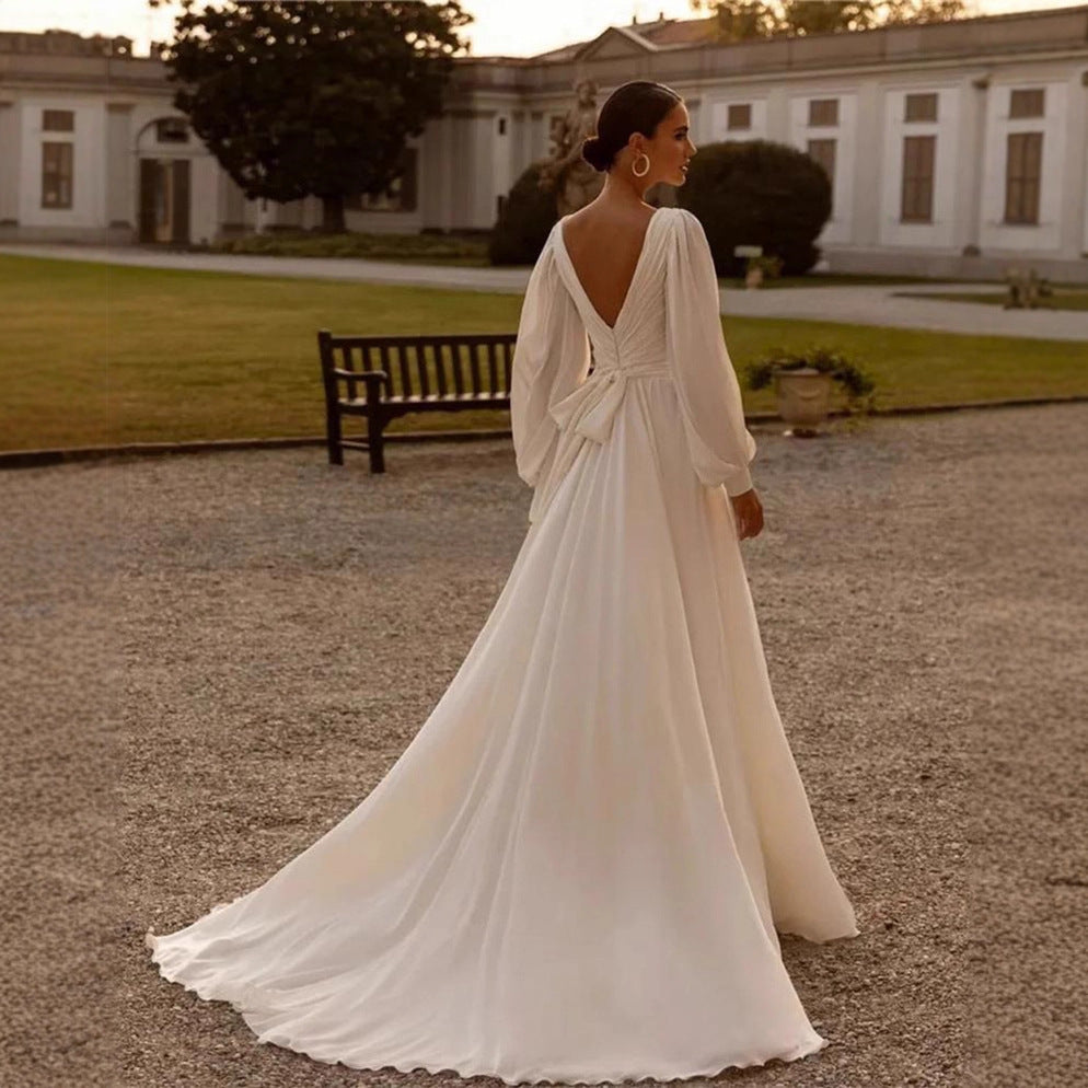 Elegant Deep V-Neck Bridal Gown with Long Chiffon Sleeves