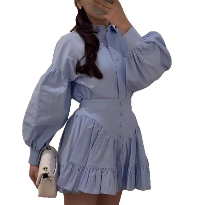 Elegant Lantern Sleeve Blouse & Ruffled Skirt Set