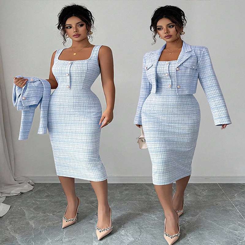 Chic Checkered Two-Piece Blazer & Bodycon Dress Set