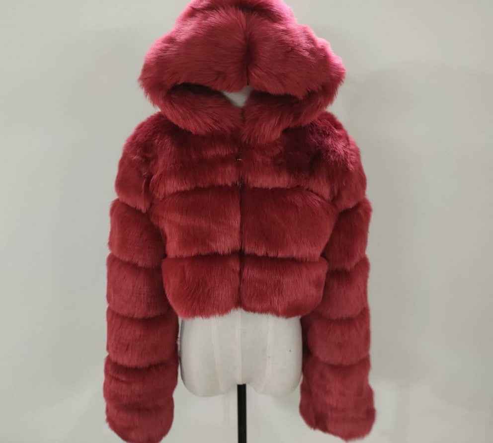 CozyLux - Short Hooded Faux Fur Coat | Luxury Winter Jacket - For Sale