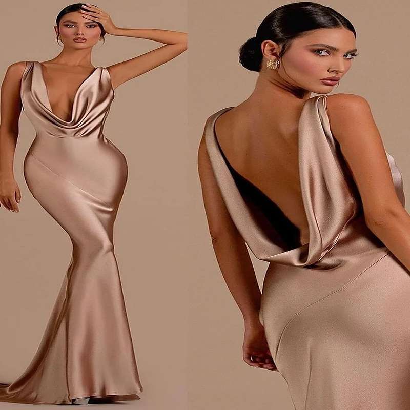 Elegant Deep V-Neck Mermaid Evening Gown - Satin Formal Dress