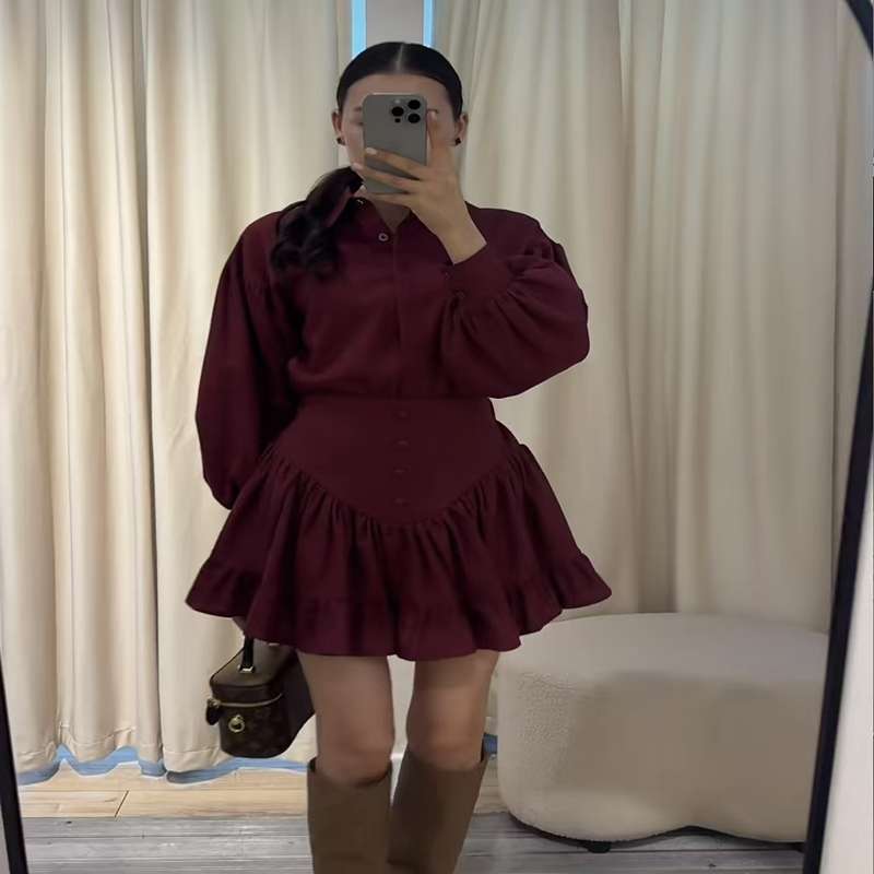 Elegant Lantern Sleeve Blouse & Ruffled Skirt Set