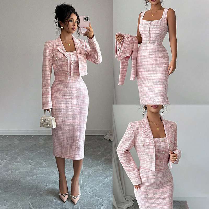 Chic Checkered Two-Piece Blazer & Bodycon Dress Set