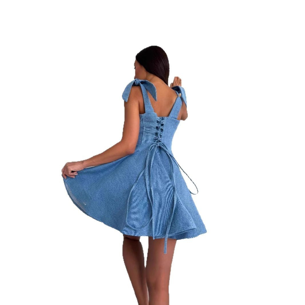 Elegant Square Neck Lace-Up Midi Dress