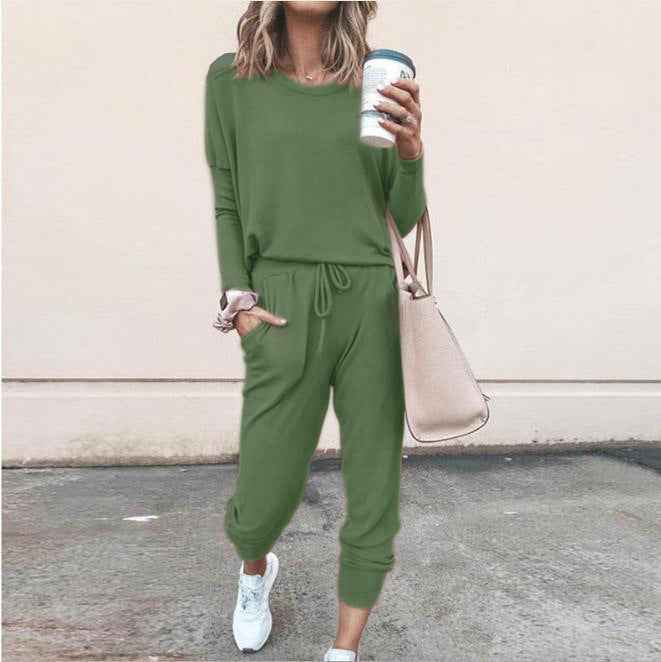Women's Long Sleeve Suit Fashion Pullover Top And Pockets Drawstring Long Pants Solid Color Casual Sports Trouser Suit Clothing - For Sale