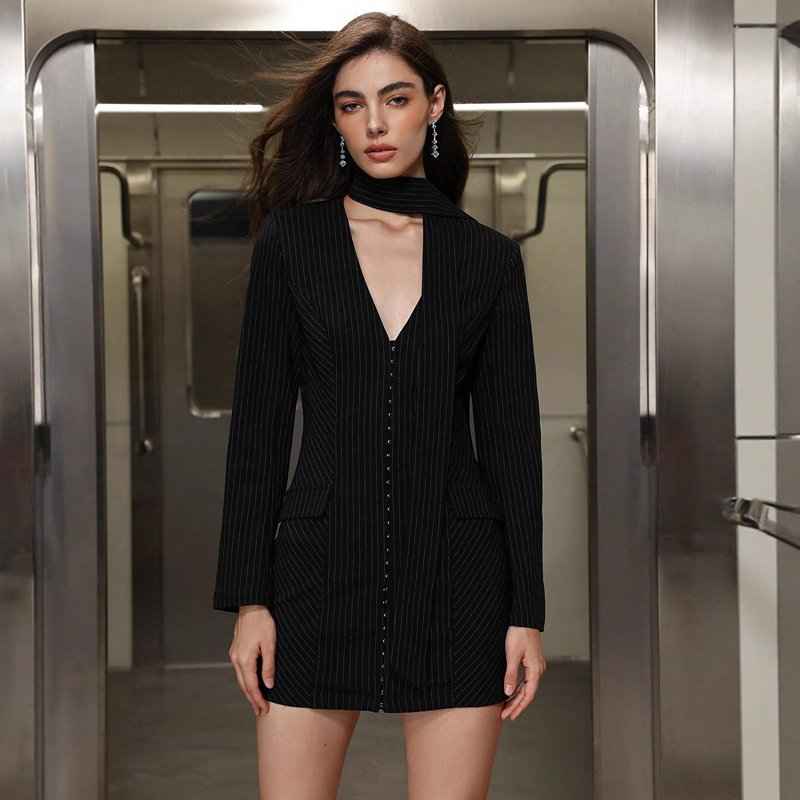 SleekSilhouette - V-Neck Long Sleeve High Waist Sheath Dress - For Sale