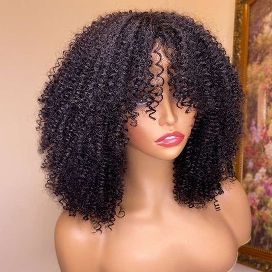 Natural Kinky Curly Human Hair Wig with Bangs - Premium Quality