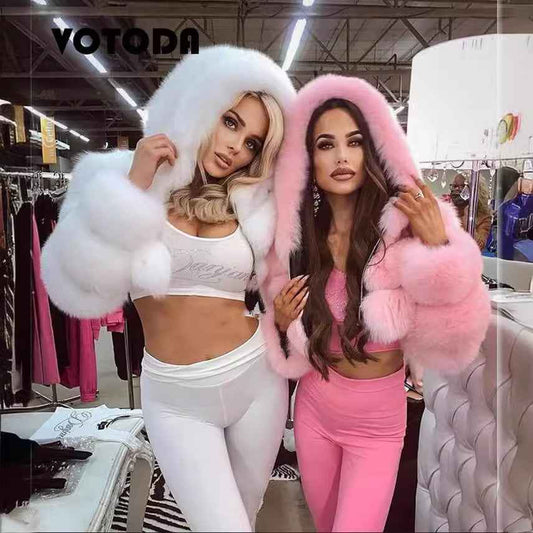 CozyLux - Short Hooded Faux Fur Coat | Luxury Winter Jacket - For Sale