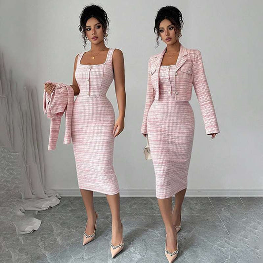 Chic Checkered Two-Piece Blazer & Bodycon Dress Set
