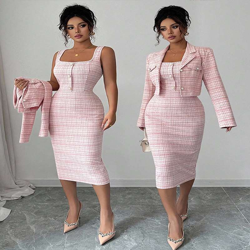 Chic Checkered Two-Piece Blazer & Bodycon Dress Set