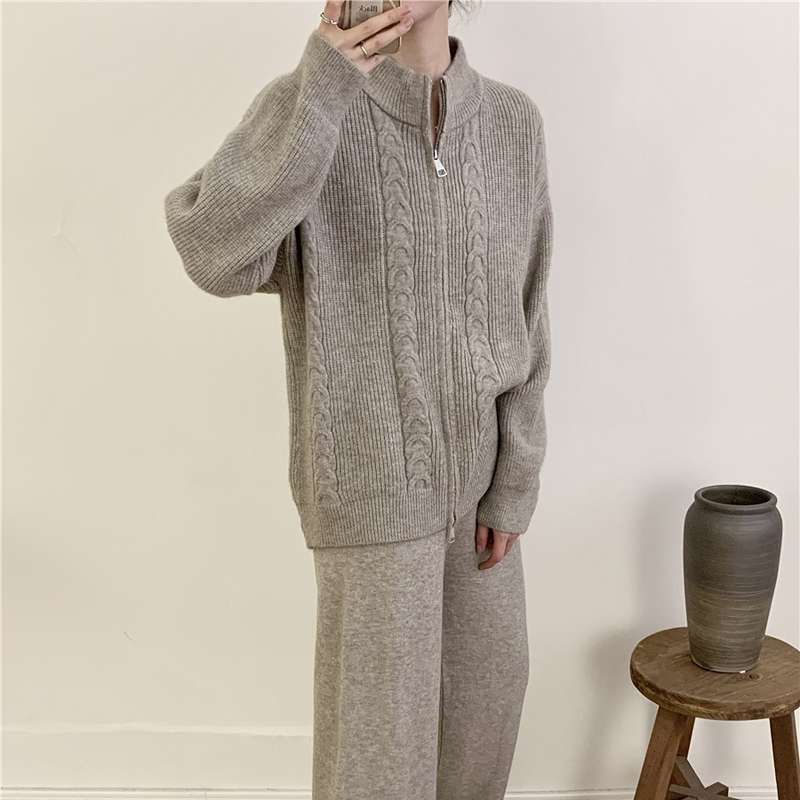 Cozy Knit Lounge Set - Zip-Up Cardigan & Pants