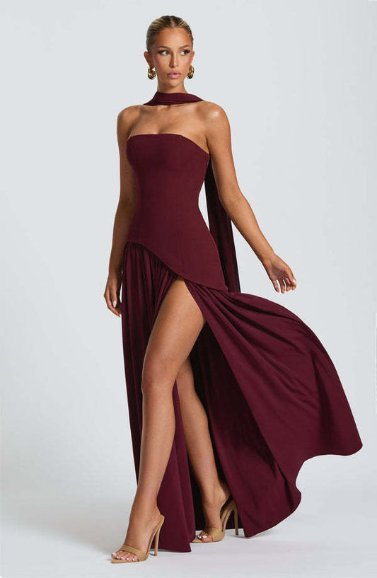 Cherry Lacquer Maliyah Maxi Dress - Elegant Evening Gown with Chiffon Skirt
