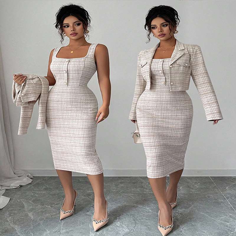 Chic Checkered Two-Piece Blazer & Bodycon Dress Set