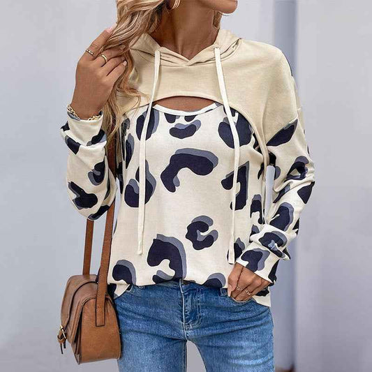 Simple Style Loose Leopard Print Stitching Fake Two-piece Hollow Hooded Sweater For Women - For Sale