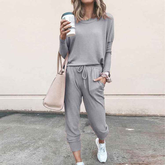 Women's Long Sleeve Suit Fashion Pullover Top And Pockets Drawstring Long Pants Solid Color Casual Sports Trouser Suit Clothing - For Sale